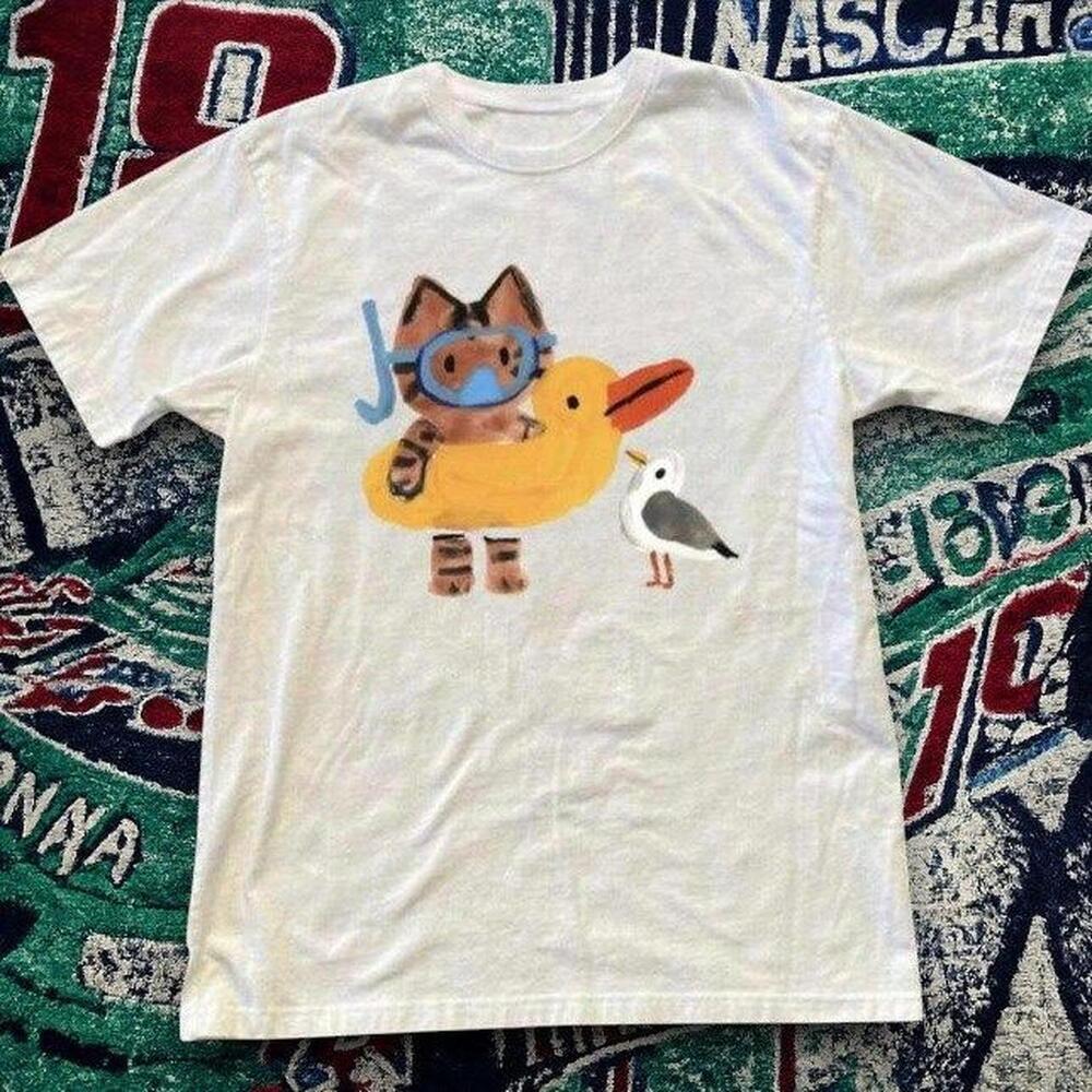 Y2K Playful Snorkel Cat Duck Float Graphic Tee White Unisex.